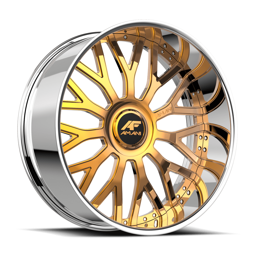 Amani Forged SORLENO 24x9 5x120 5x127 +1 Cb 73.1 14K Gold Plated Large XL Cap Flat