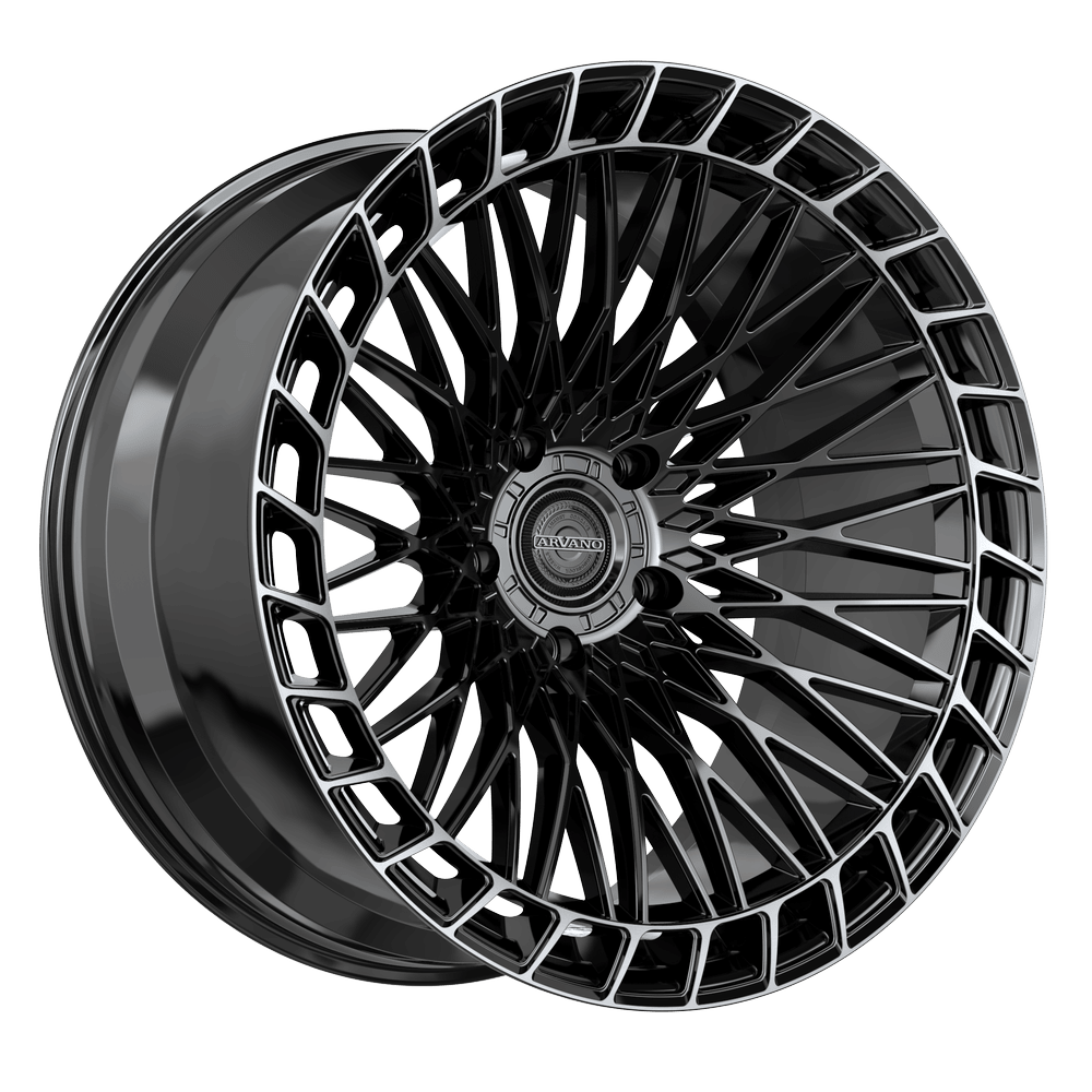 Arvano AVX-102 Monaco 20x12 5x Blank +15 Cb 57.1 Gloss Black Center & Diamond Cut Ring With Dark Tint