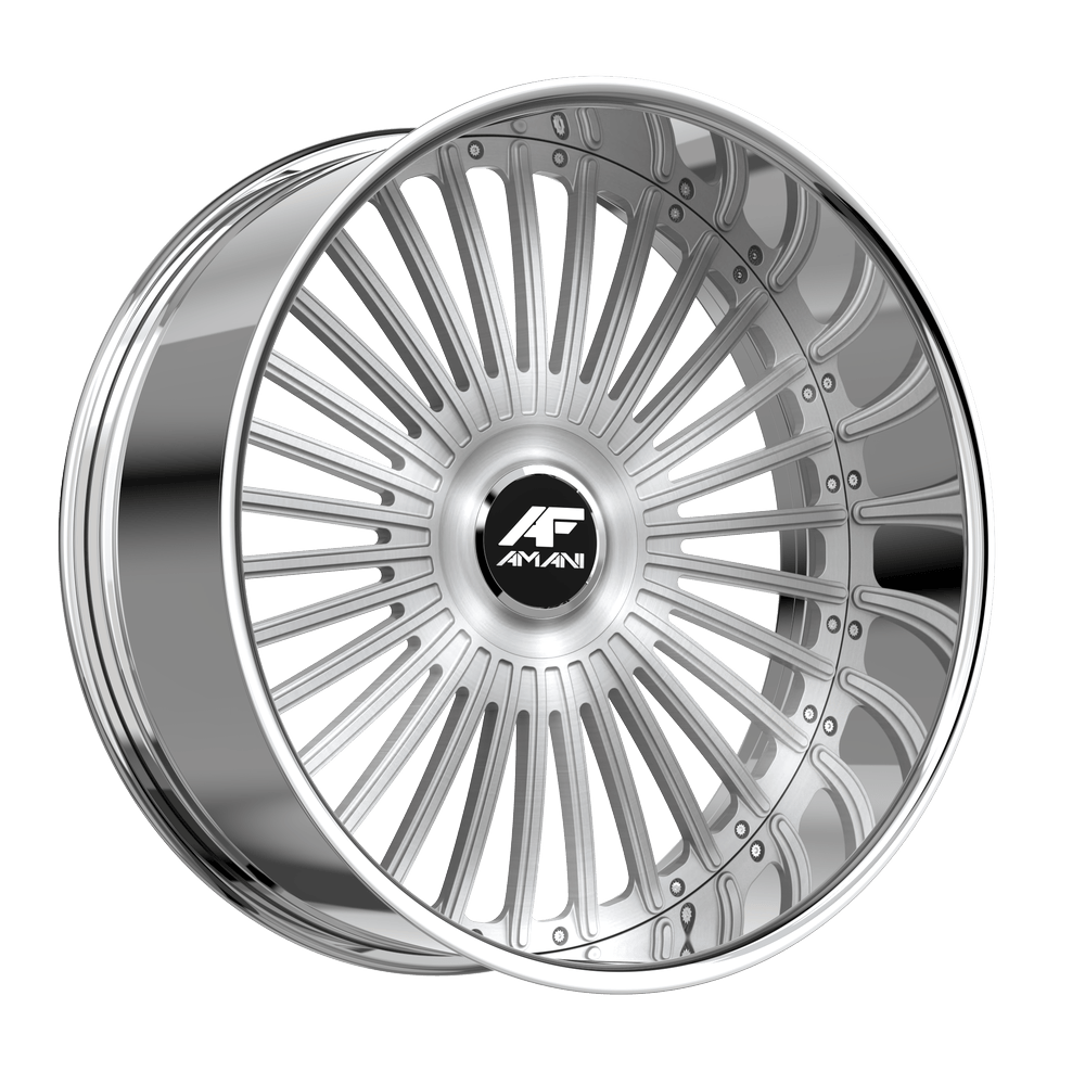 Amani Forged R.E.A.L. 24x9 5x120 5x127 +1 Cb 73.1 Brush Center Chrome Lip Large XL Cap Flat