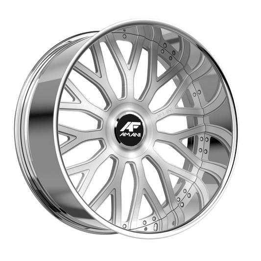 Amani Forged SORLENO 24x9 5x120 5x127 +1 Cb 73.1 Brush Center Chrome Lip Large XL Cap Flat
