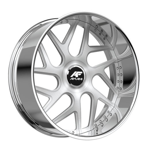 Amani Forged Apollo-L 30x9 6x135 6x139.7 +15 Cb 87.1 Brush Center Chrome Lip Large XL Cap Round