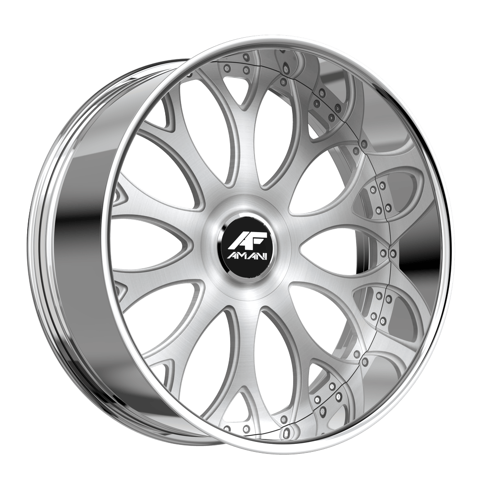 Amani Forged TANGO 26x9 5x120 5x127 +1 Cb 78.1 Brush Center Chrome Lip Large XL Cap Flat