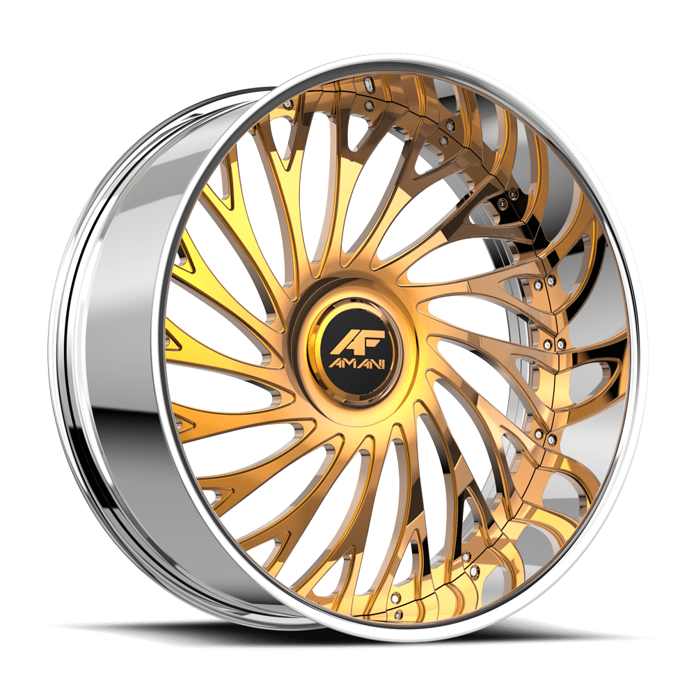 Amani Forged VAMOS-L 28x9 5x120 5x127 +1 Cb 78.1 14K Gold Plated Large XL Cap Flat