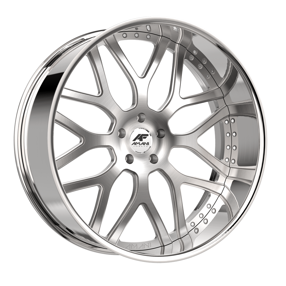 Amani Forged ALLORA 24x9 Pocketed 5x Blank +1 Cb 73.1 Brush Center Chrome Lip Standard Cap Flat