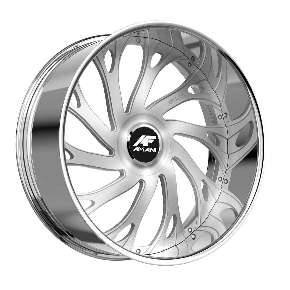 Amani Forged ATLANTIC-L 24x9 5x Blank +1 Cb 73.1 Brush Center Chrome Lip Large XL Cap Flat